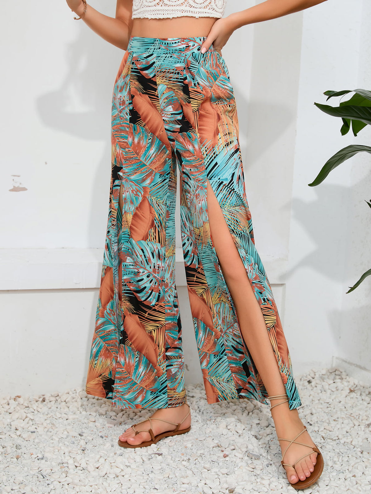 Printed Split Wide Leg Pants in Multicolor