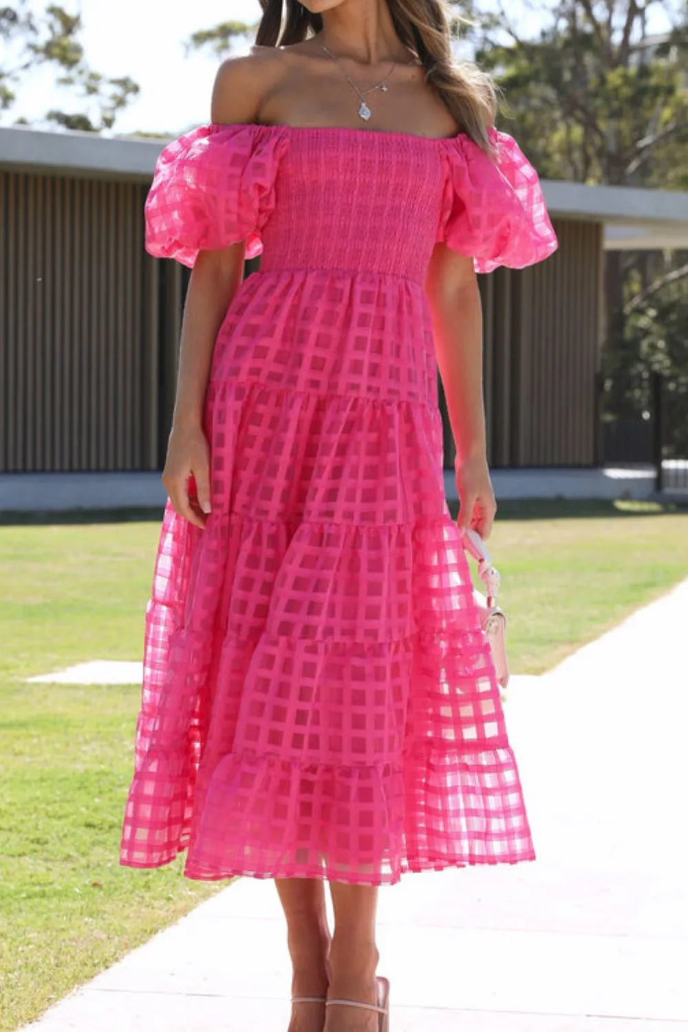Off Shoulder Puff Sleeve Midi Dress