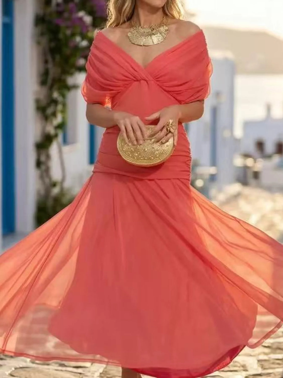 Off-Shoulder Mesh Ruched Maxi Dress, Plus Size