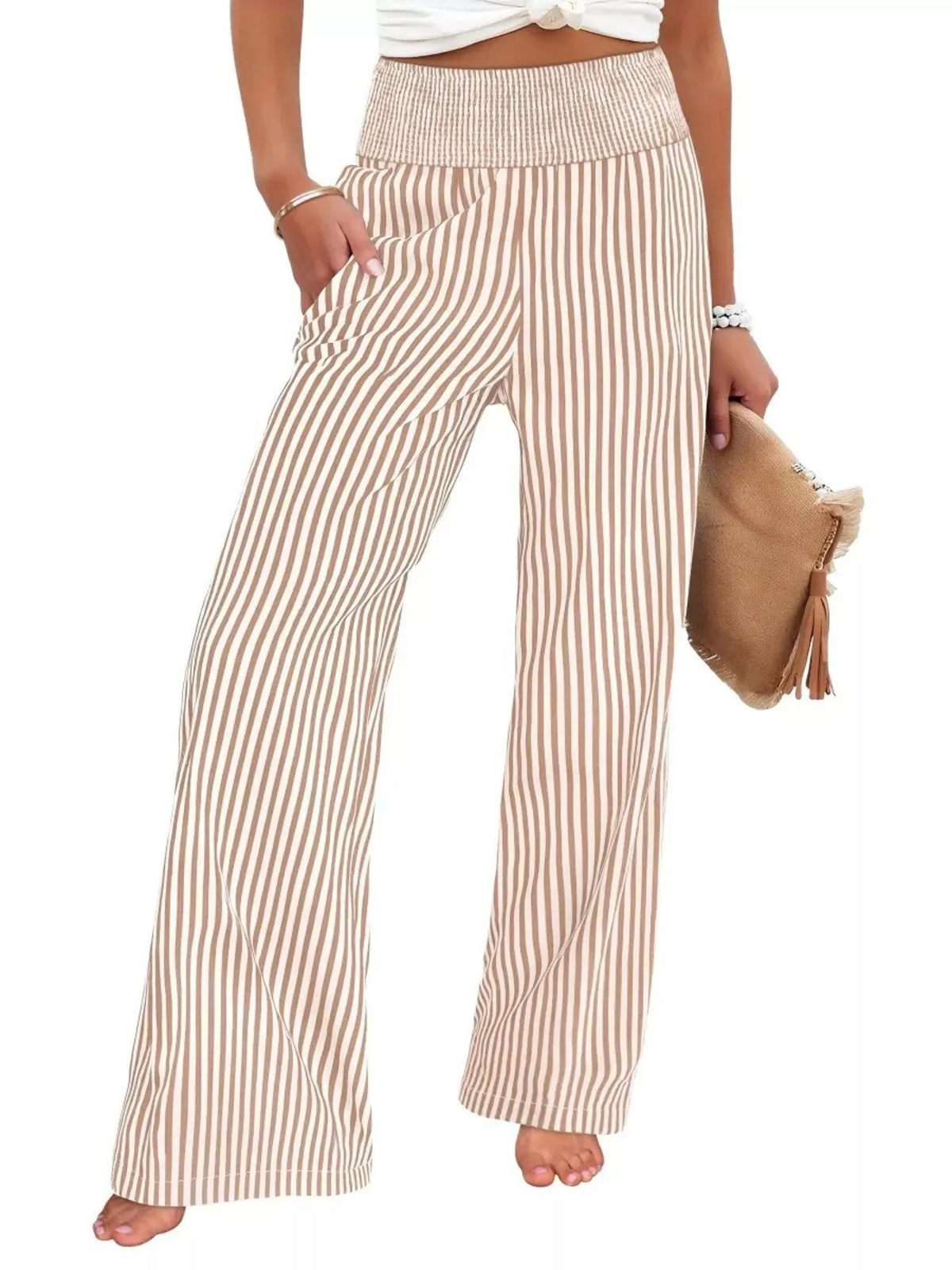Striped Smocked Wide-Leg Pants
