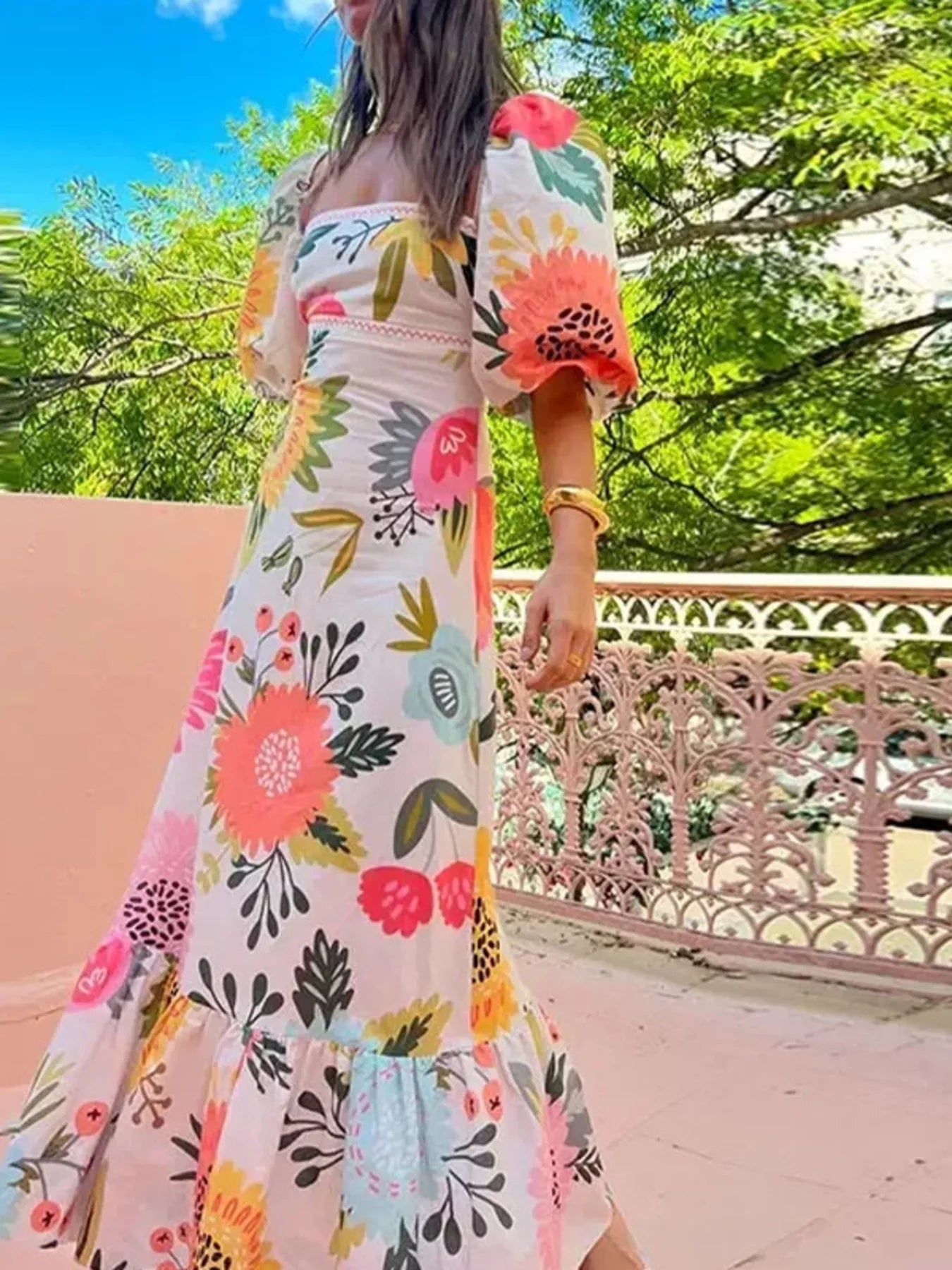 Floral Print Puff Sleeve Maxi Dress