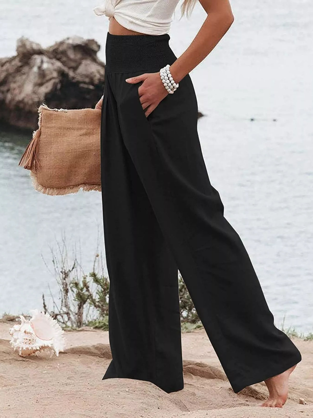 Smocked High-Waisted Wide Leg Pants