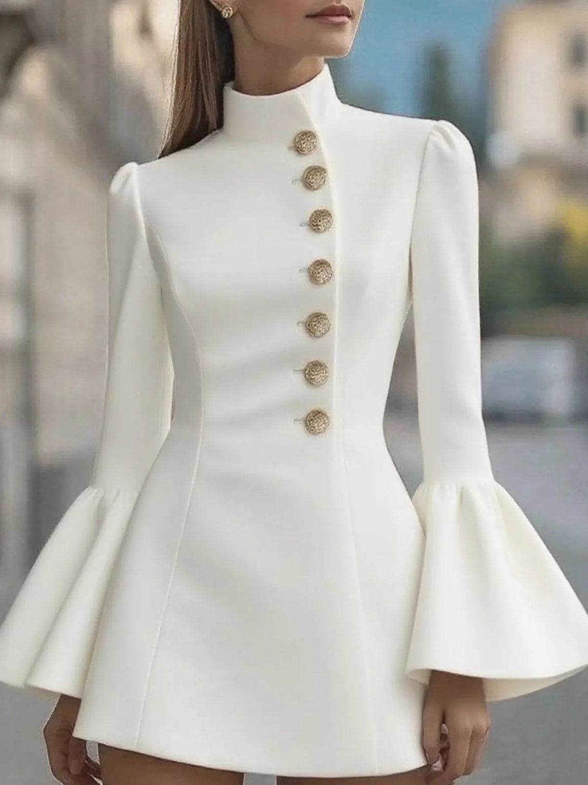 Bell Sleeve Mini Dress with Front Buttons