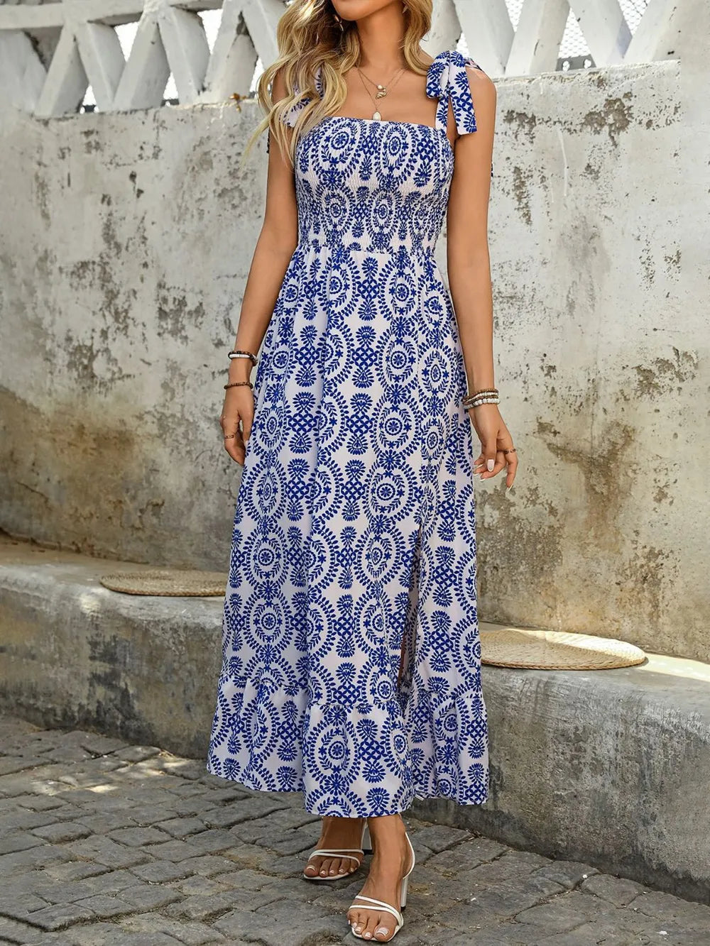 Smocked Square Neck Printed Maxi Cami Dress in Blue