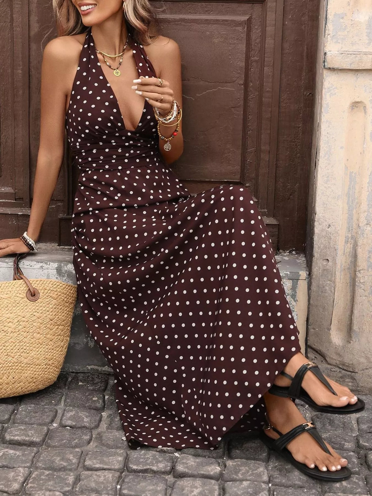 Halter Neck Polka Dot Maxi Dress in Brown
