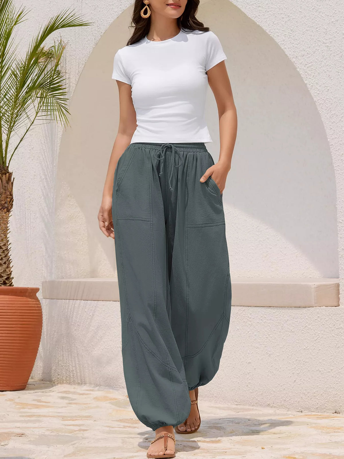 Contrast-Stitch Drawstring Harem Joggers