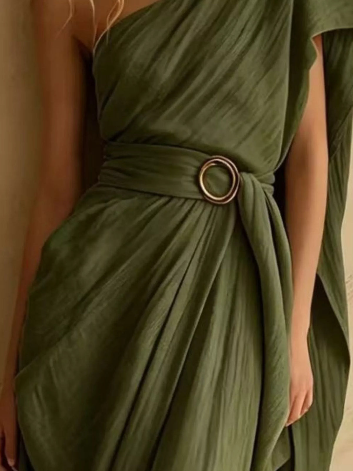 One-Shoulder Draped Maxi Dress with Waist Buckle