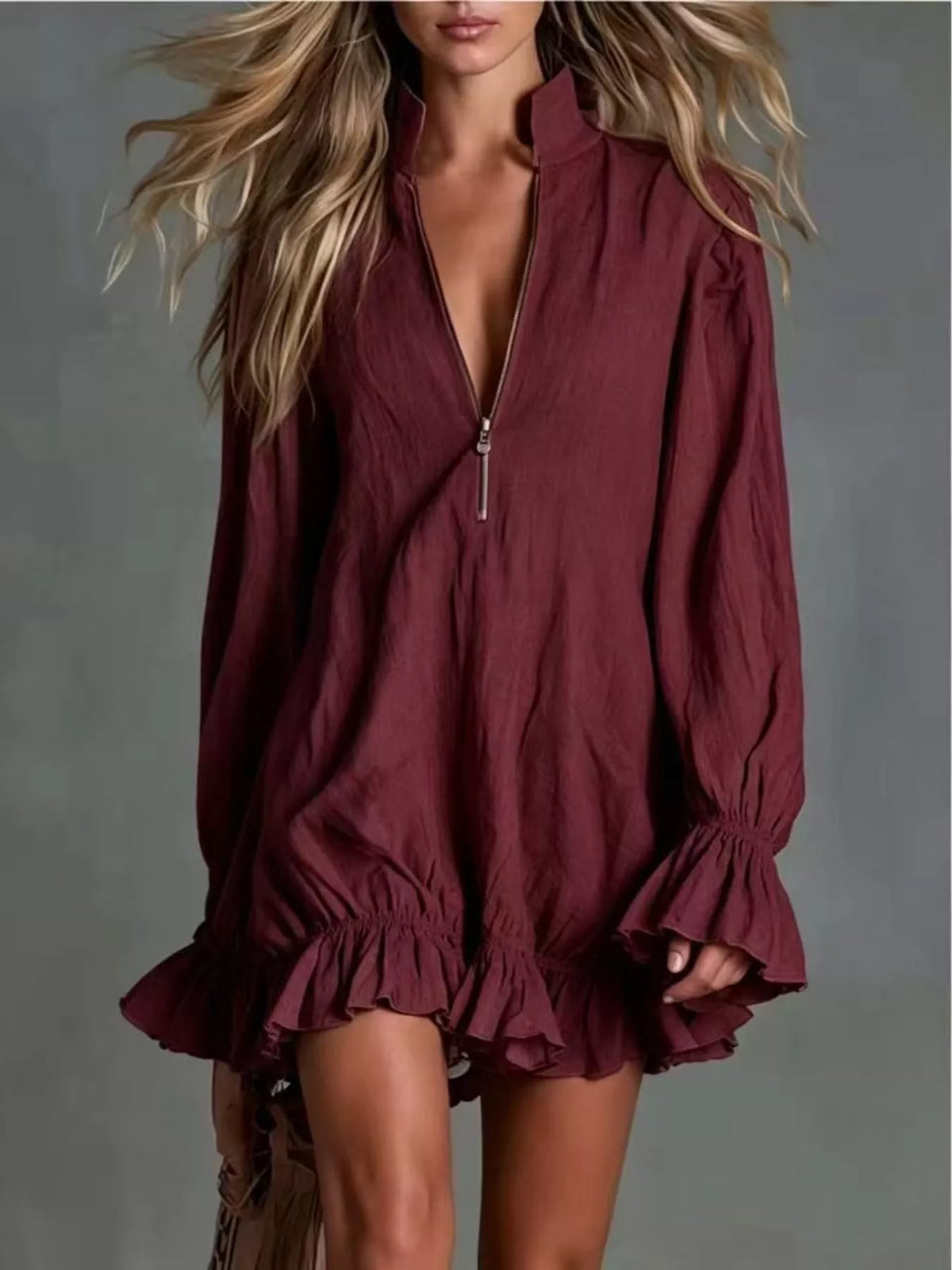 Zipper-Front Ruffle Hem Mini Dress