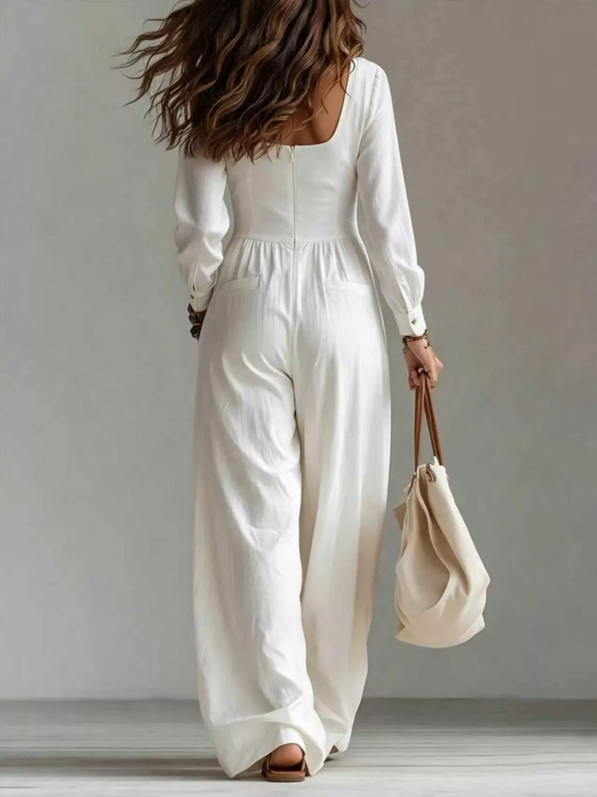 V-Neck Long-Sleeve Button-Down Wide-Leg Jumpsuit