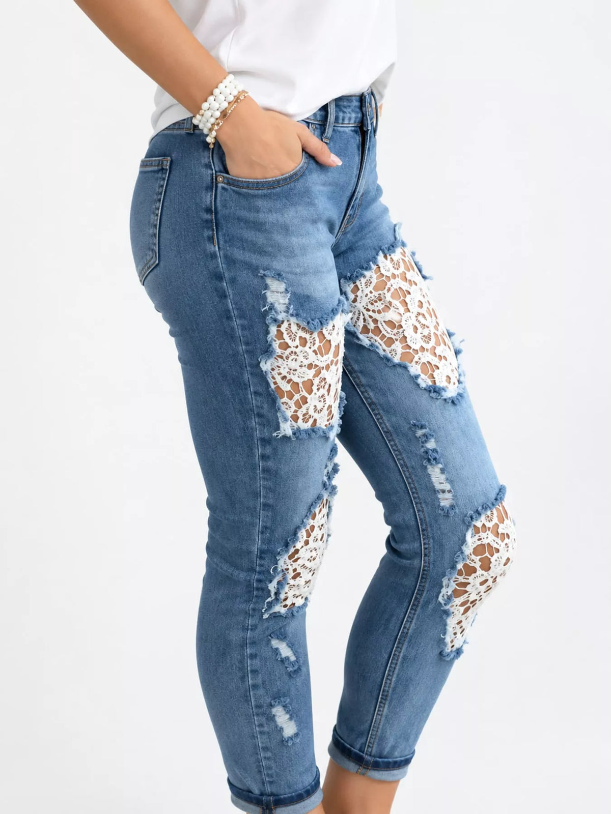 Distressed Lace Skinny Jeans in Blue
