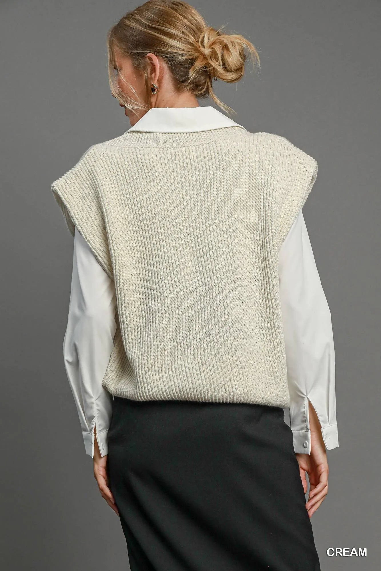 Umgee Oversized V-Neck Sweater Vest in Cream