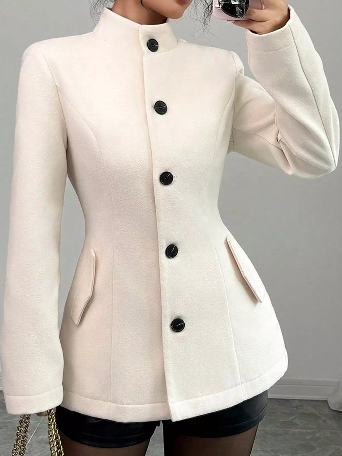 Stand-Collar Single-Breasted Jacket in Creamy White