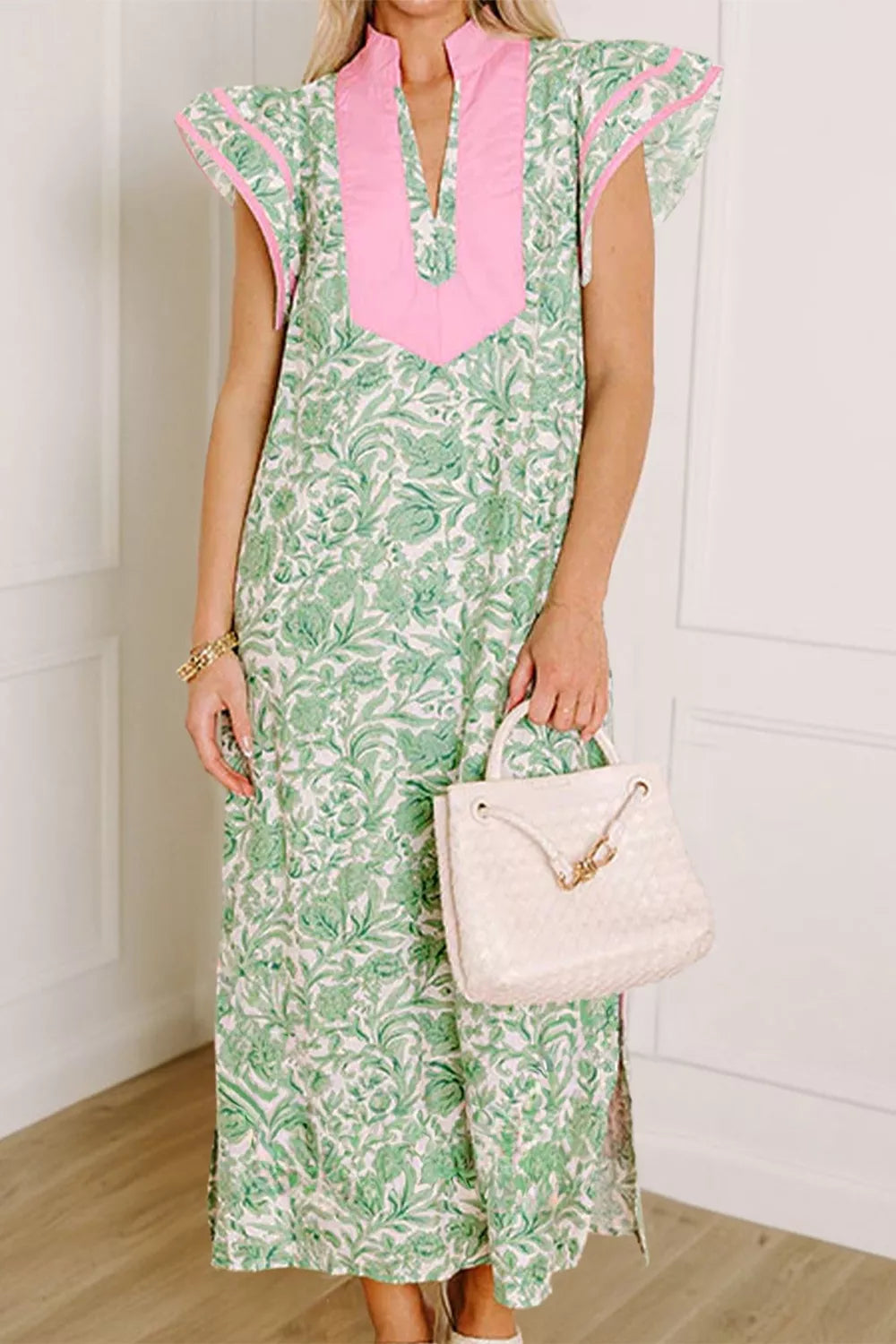 Flutter Sleeve Floral Midi Dress in Gum Leaf