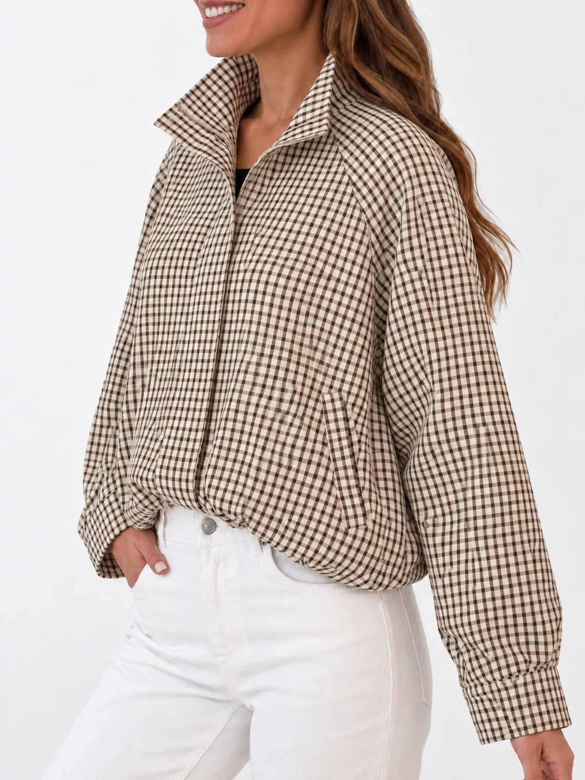 Plaid Stand-Collar Cropped Jacket
