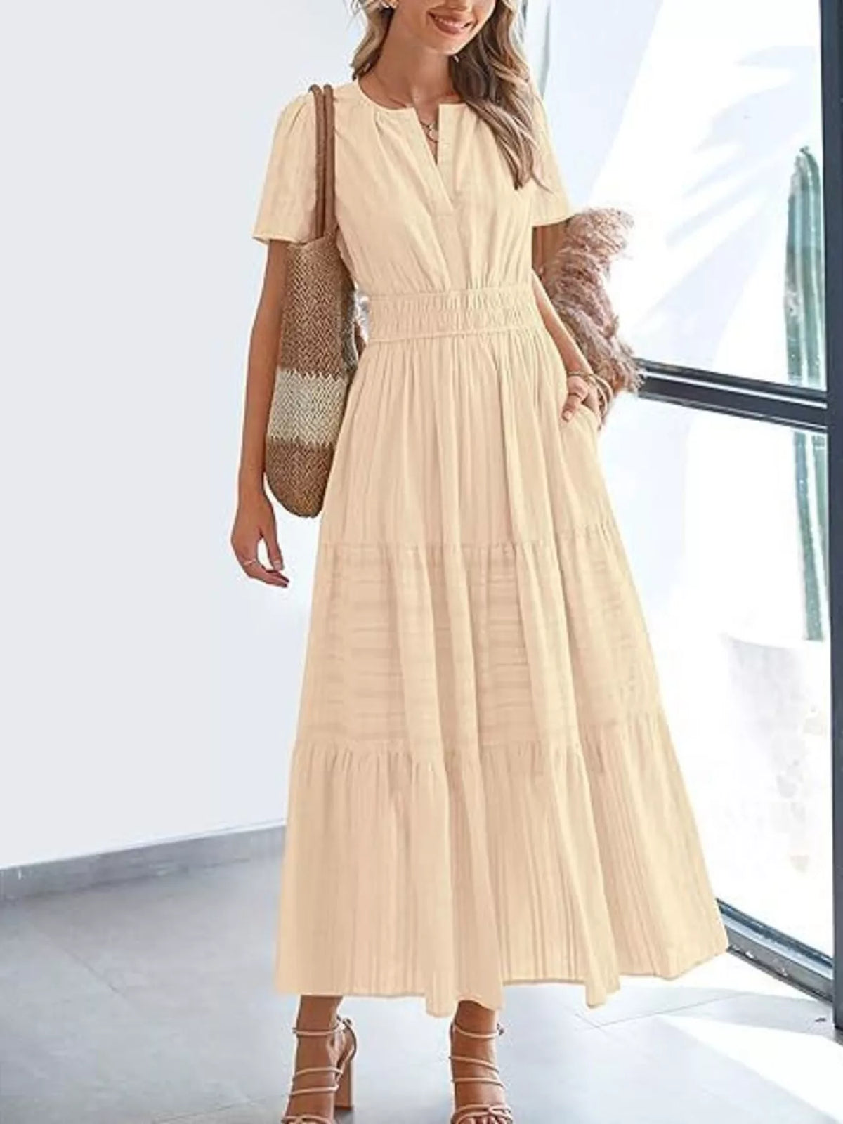 Short Sleeve Tiered Midi Dress with Pockets