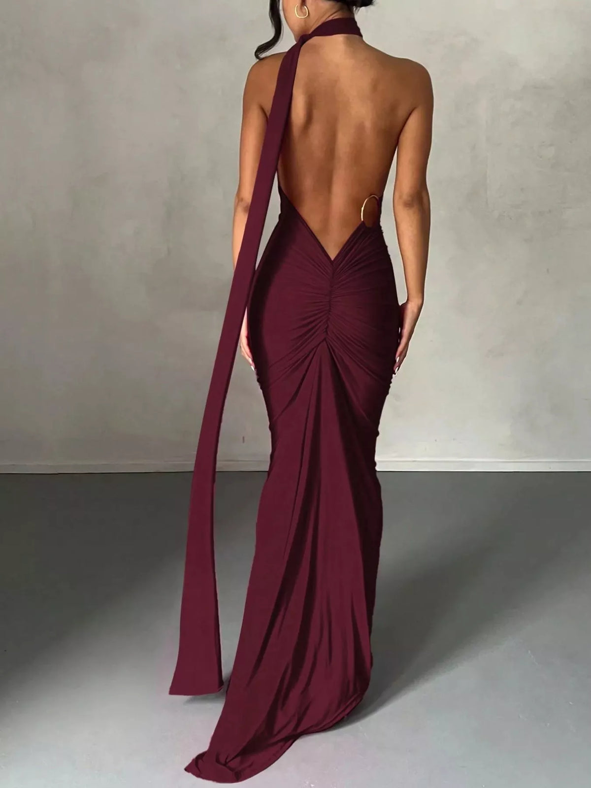Backless One-Shoulder Ruched Bodycon Maxi Dress