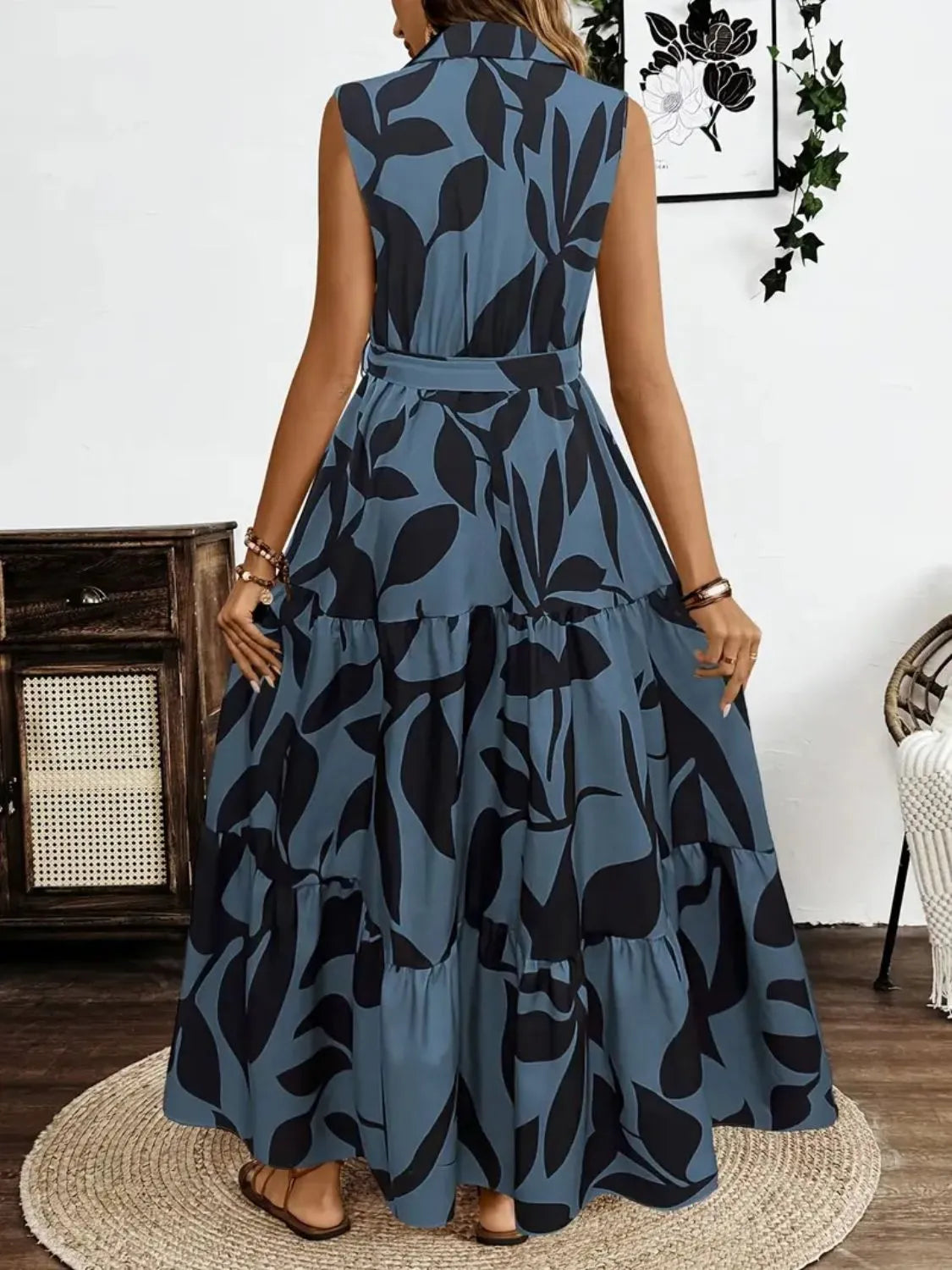 Printed Button-Front Tie-Waist Maxi Dress