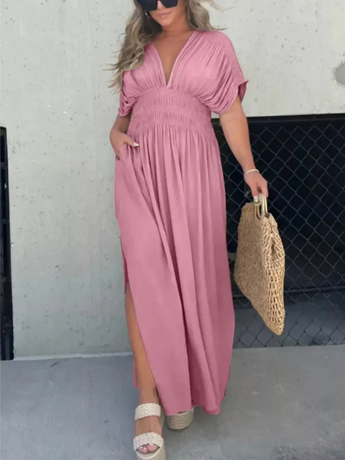 Smocked Waist V-Neck Slit Maxi Dress