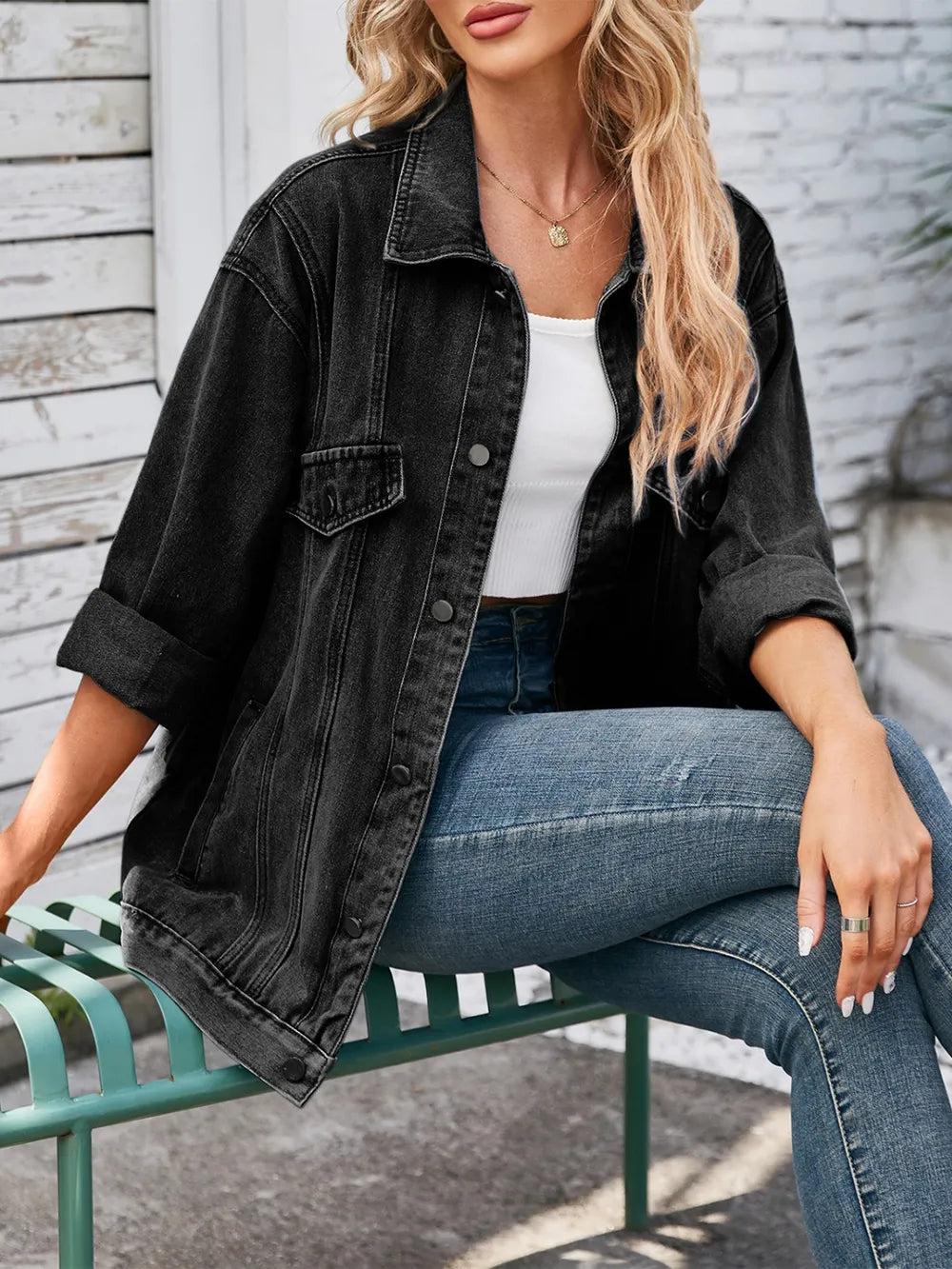 Button-Up Long Sleeve Denim Jacket with Pockets by Manny
