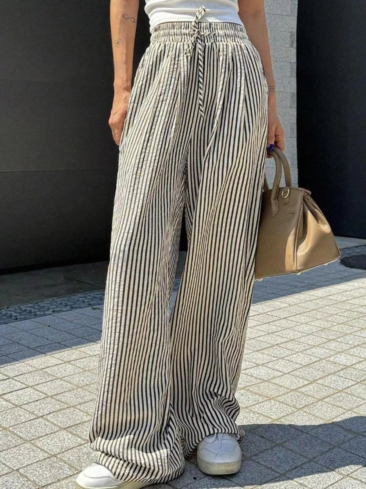 Striped Drawstring Wide Leg Pants