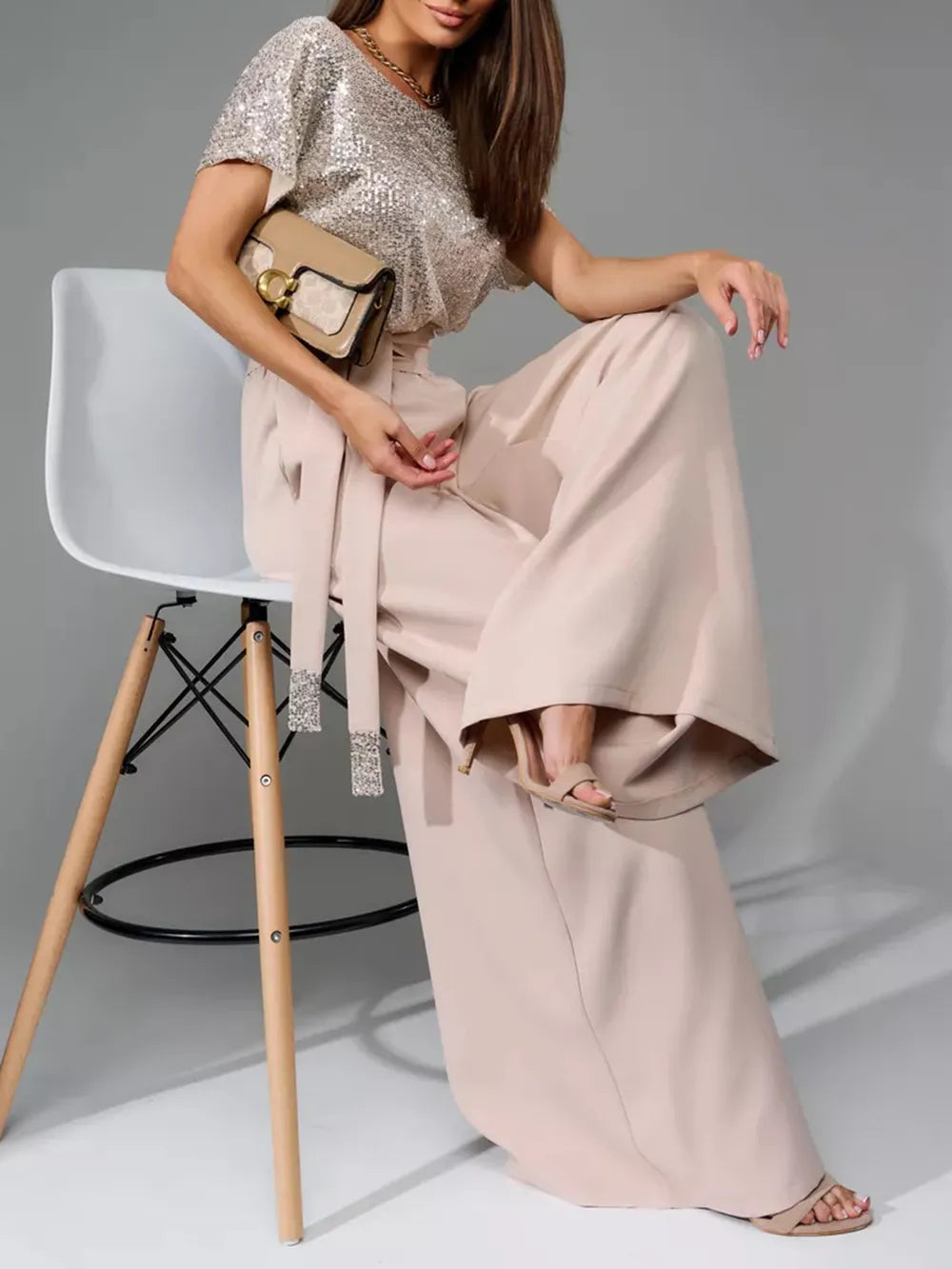 Sequin Round Neck Short Sleeve Jumpsuit, Plus Size