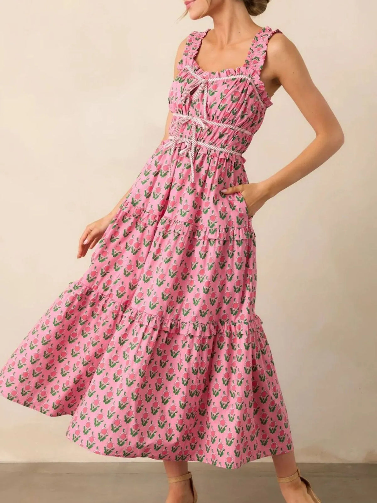 Floral Print Ruffled Midi Dress with Pockets in Pink