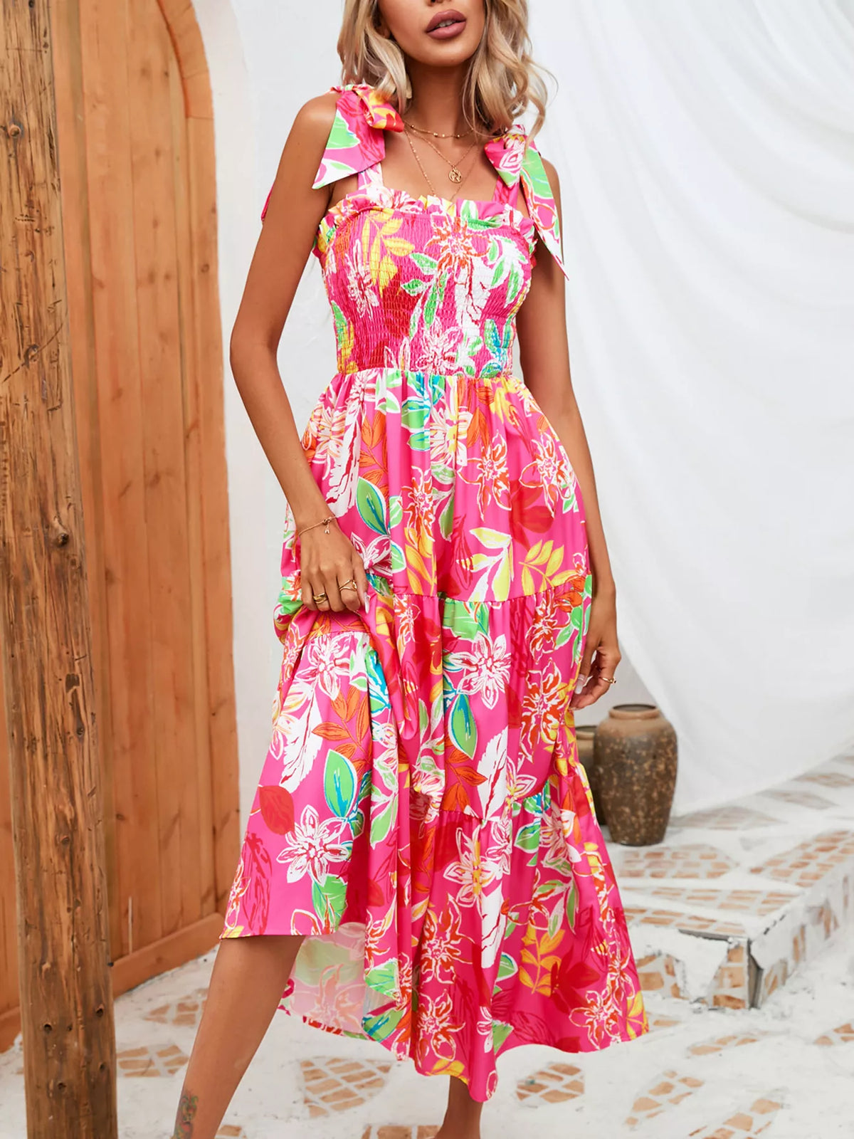 Tropical Print Smocked Tie-Strap Dress in Green