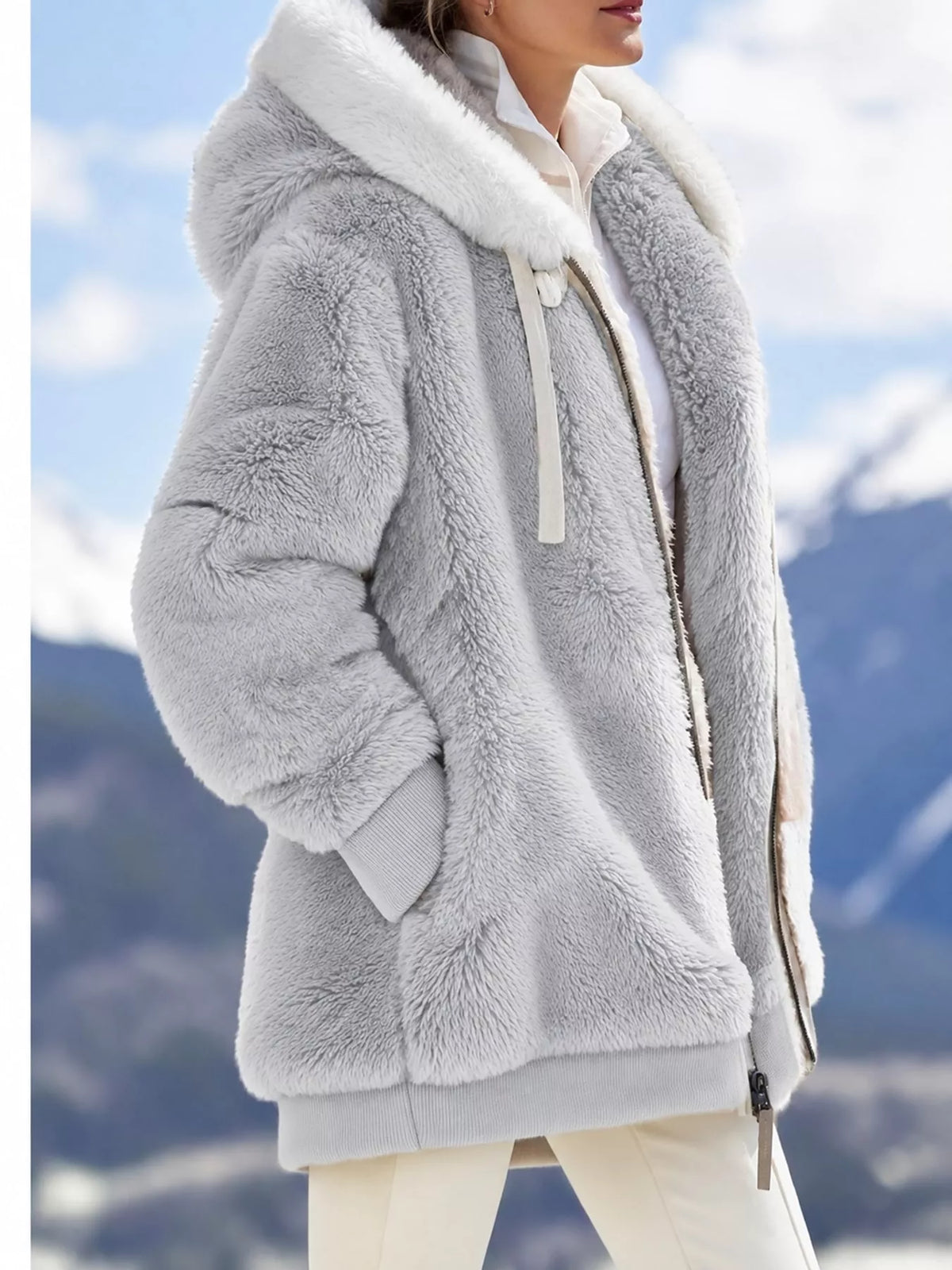 Faux Fur Hooded Zip-Up Jacket in White