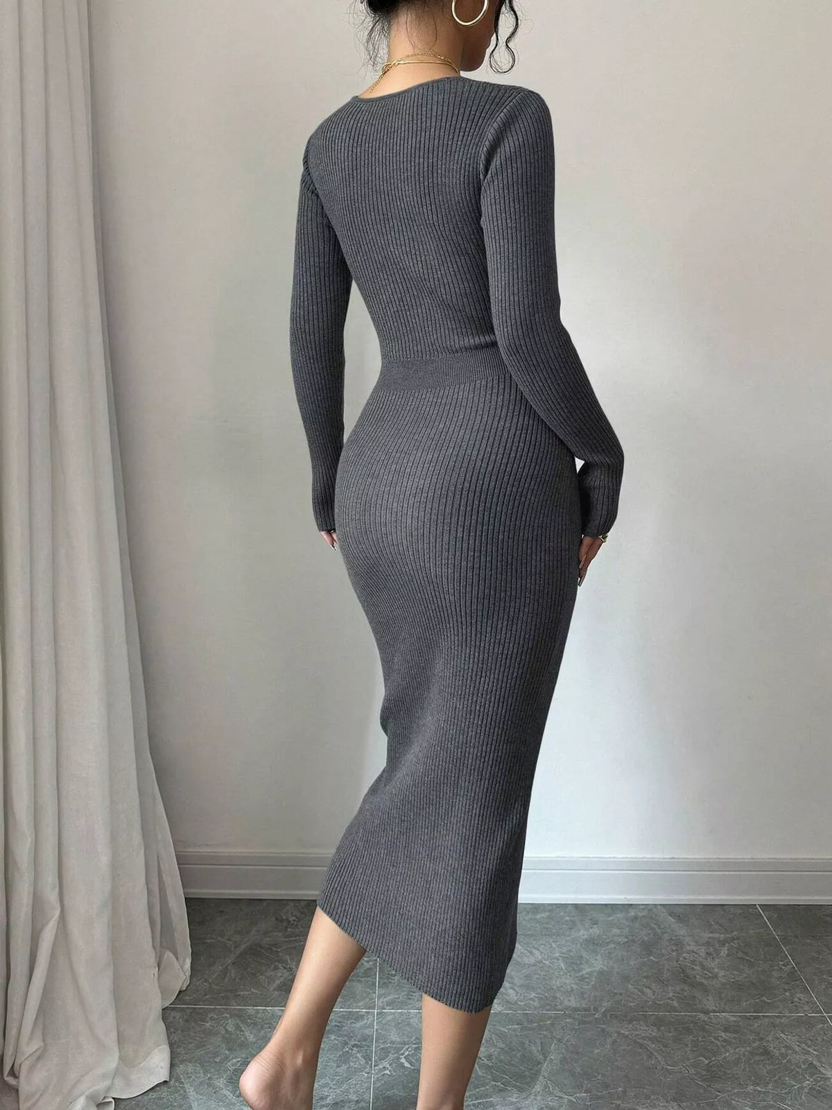 Decorative Button Ribbed Knit Sweater Dress