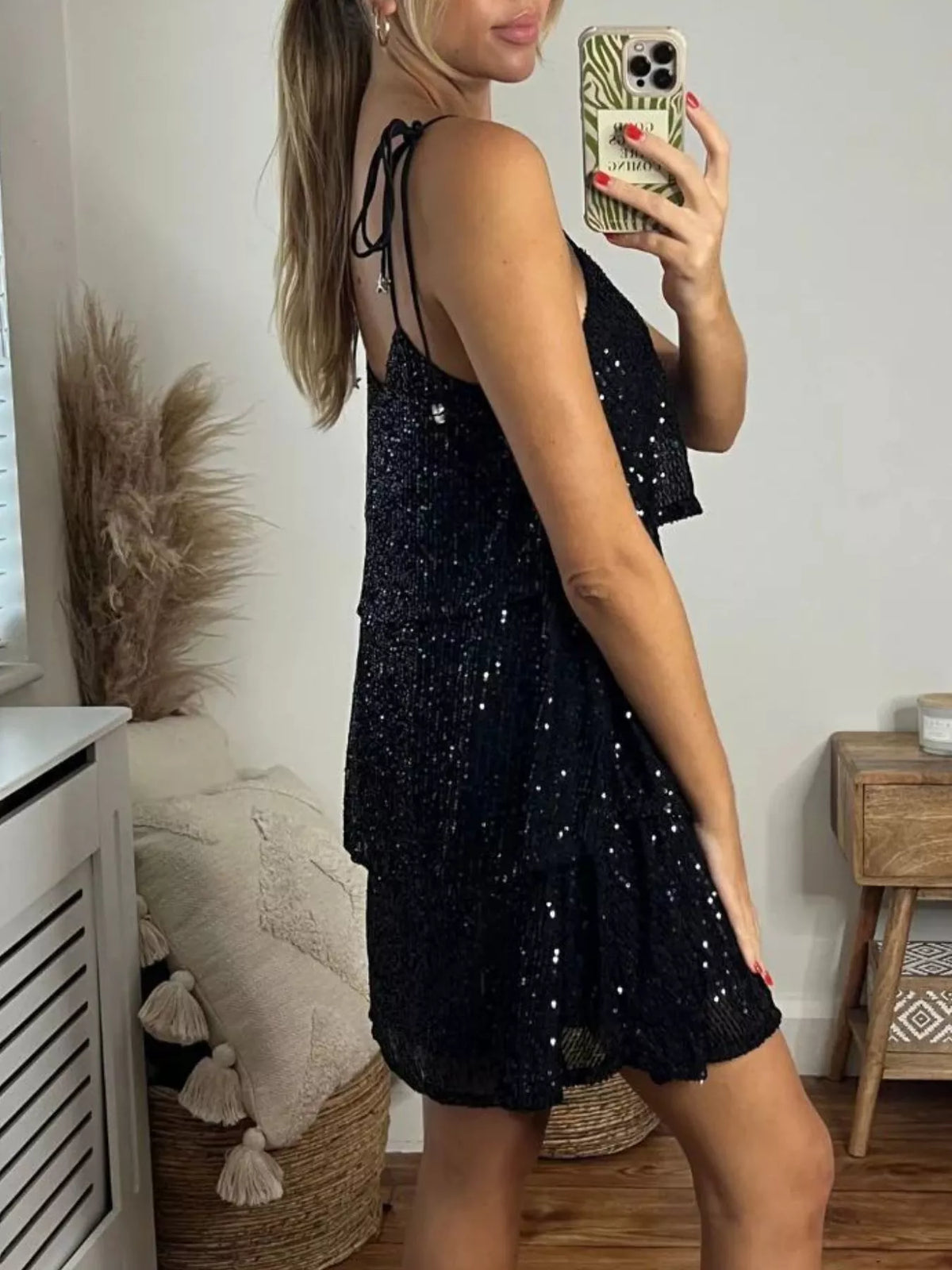 Sequin Tie-Shoulder Mini Dress