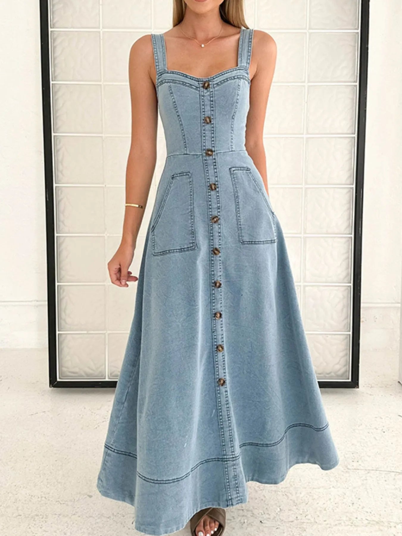 Wide Strap Sweetheart Neck Denim Dress in Light Blue