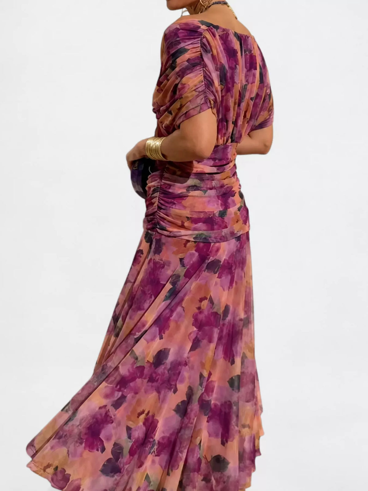 Off-Shoulder Mesh Ruched Maxi Dress, Plus Size