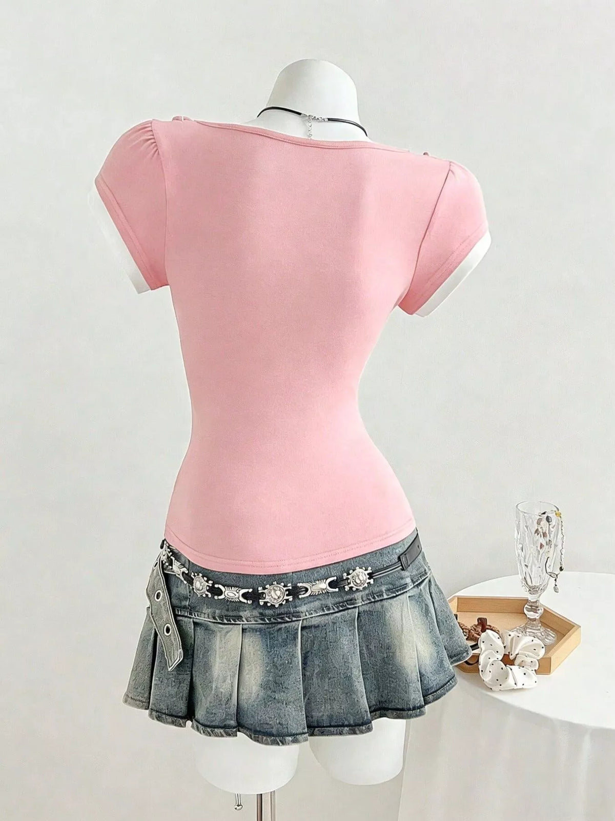 Frill Cap Sleeve Slim Fit Top in Pink