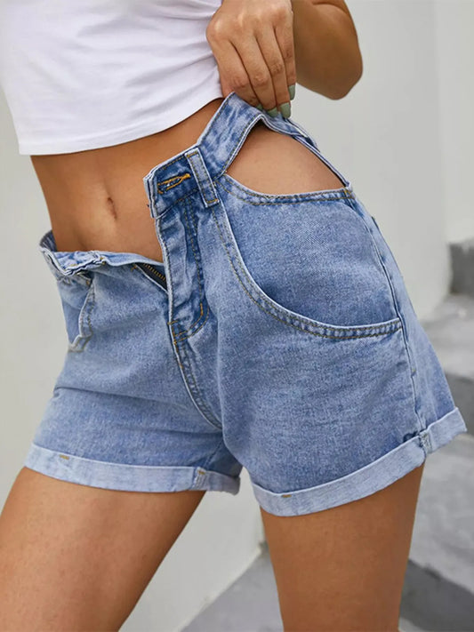 High-Waisted Cutout Denim Shorts in Blue