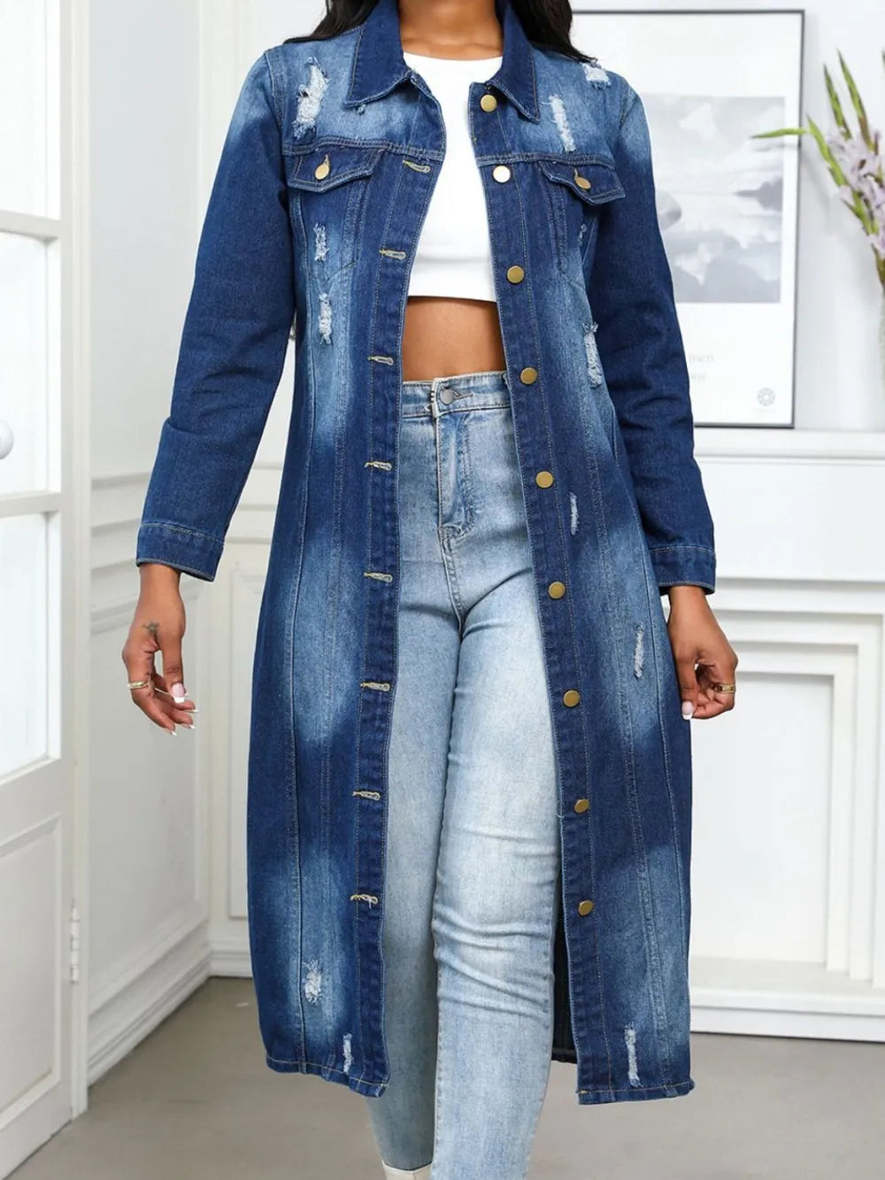 Distressed Button-Up Collared Denim Top in Medium Wash by DE.C.H & K.M
