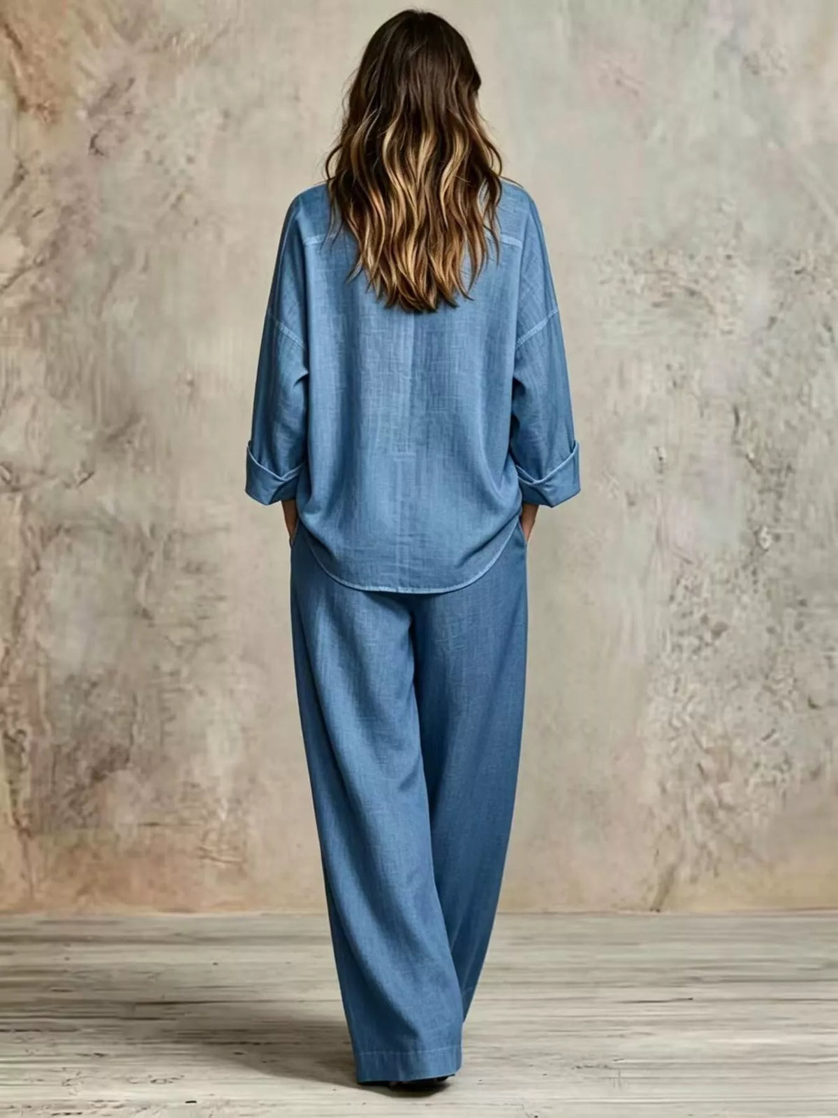Button-Down Shirt and Wide-Leg Pants Set