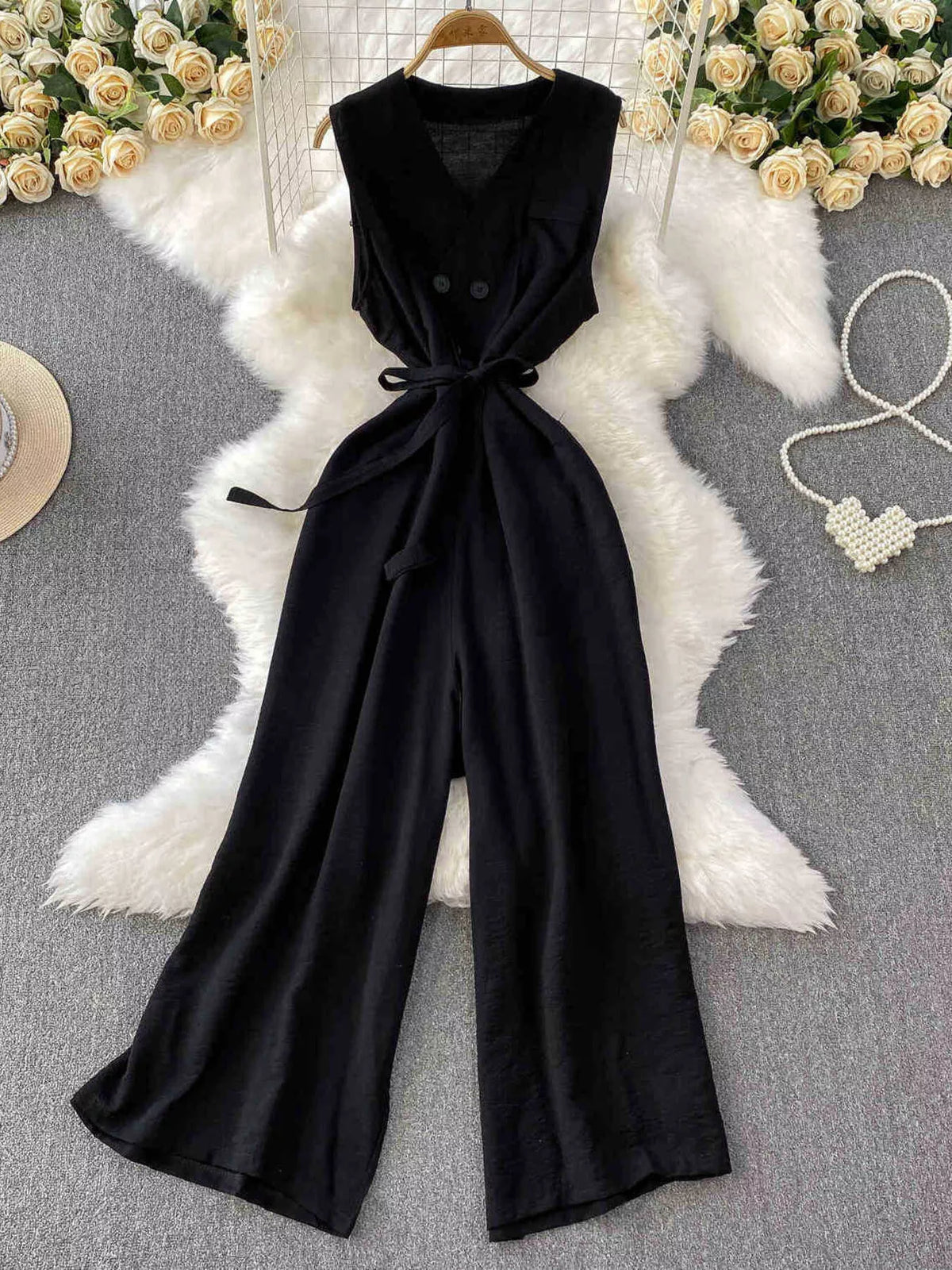 Belted Sleeveless Wide Leg Jumpsuit