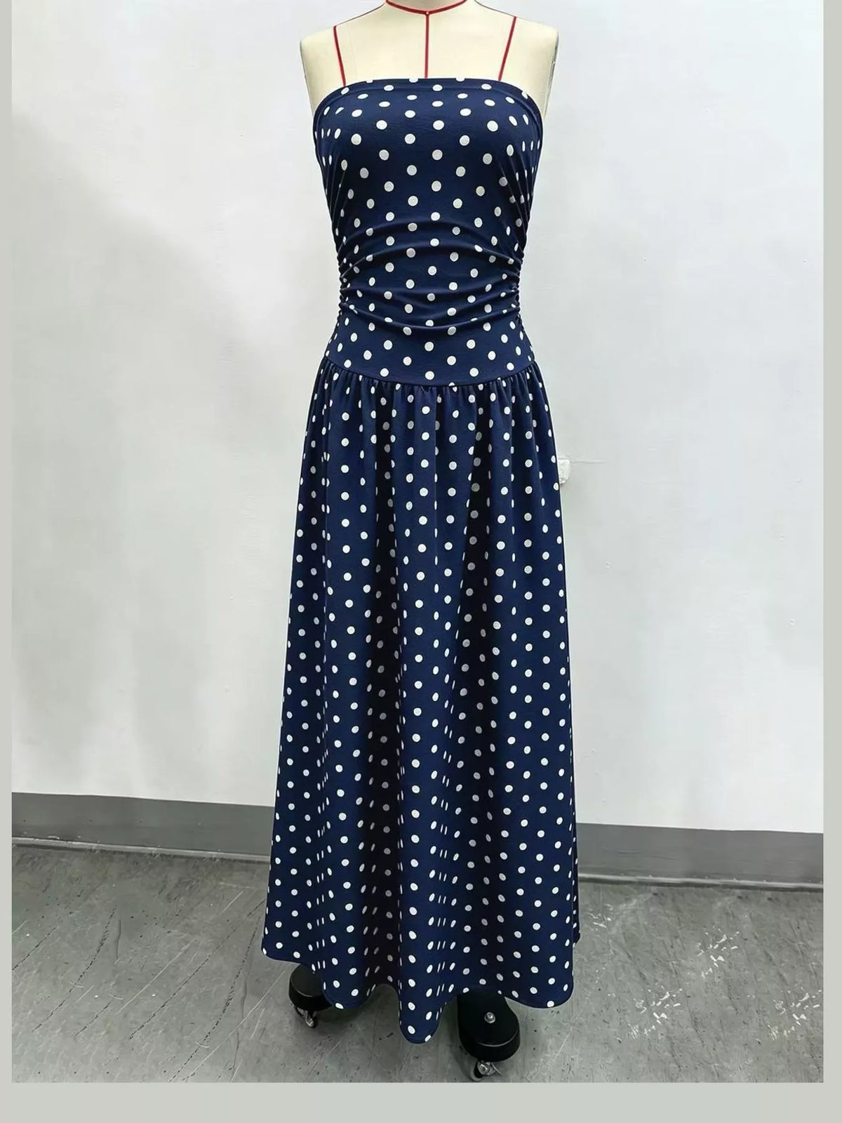 Strapless Polka Dot Ruched Maxi Dress