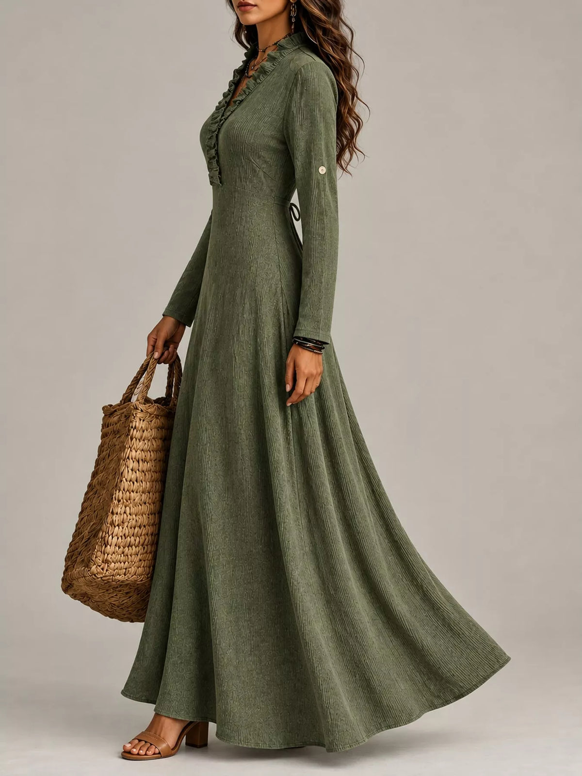 Frill Roll-Up Sleeve Maxi Dress