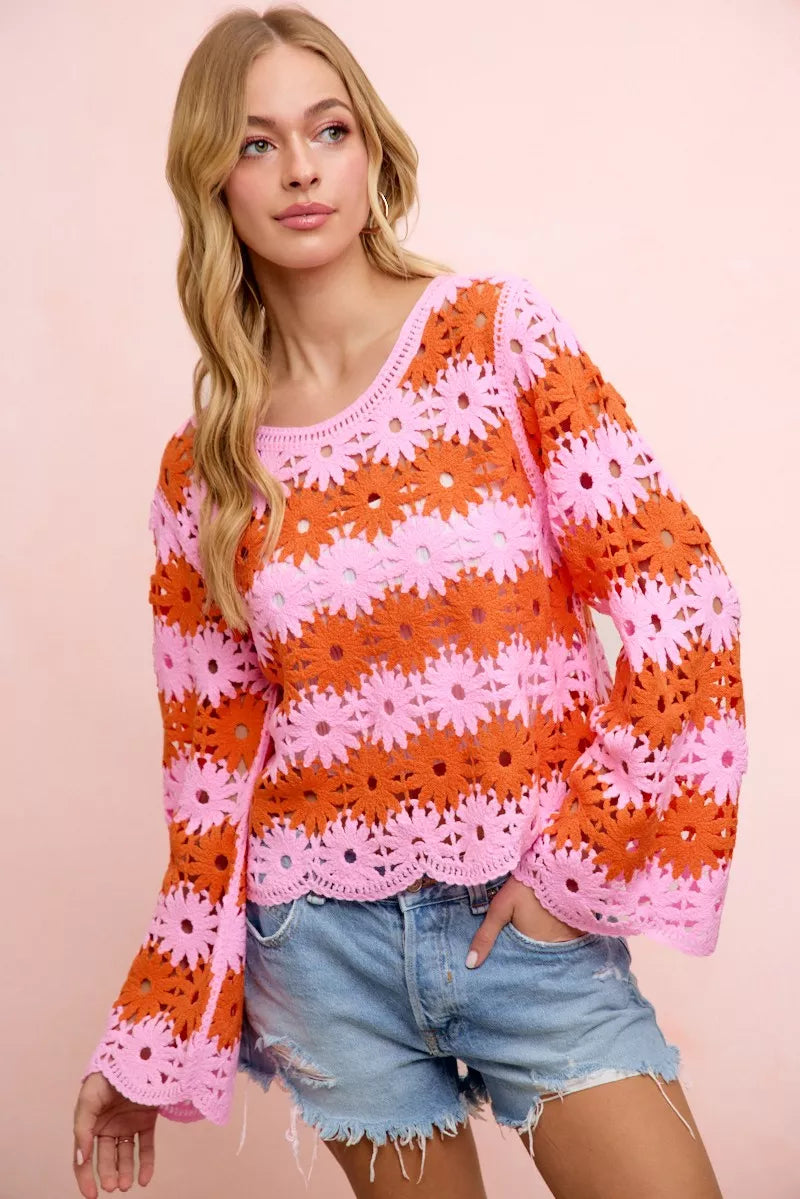 Flower Crochet Knit Top in Pink/Red by BiBi