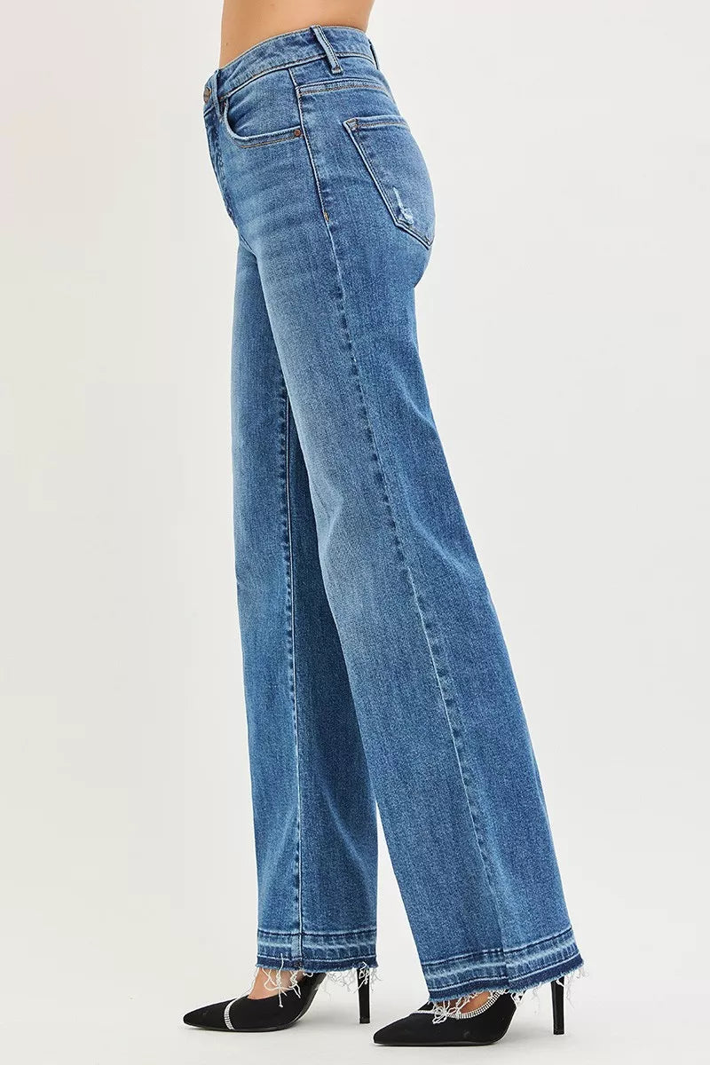 Risen High Rise Wide Leg Jeans with Released Hem in Medium Wash