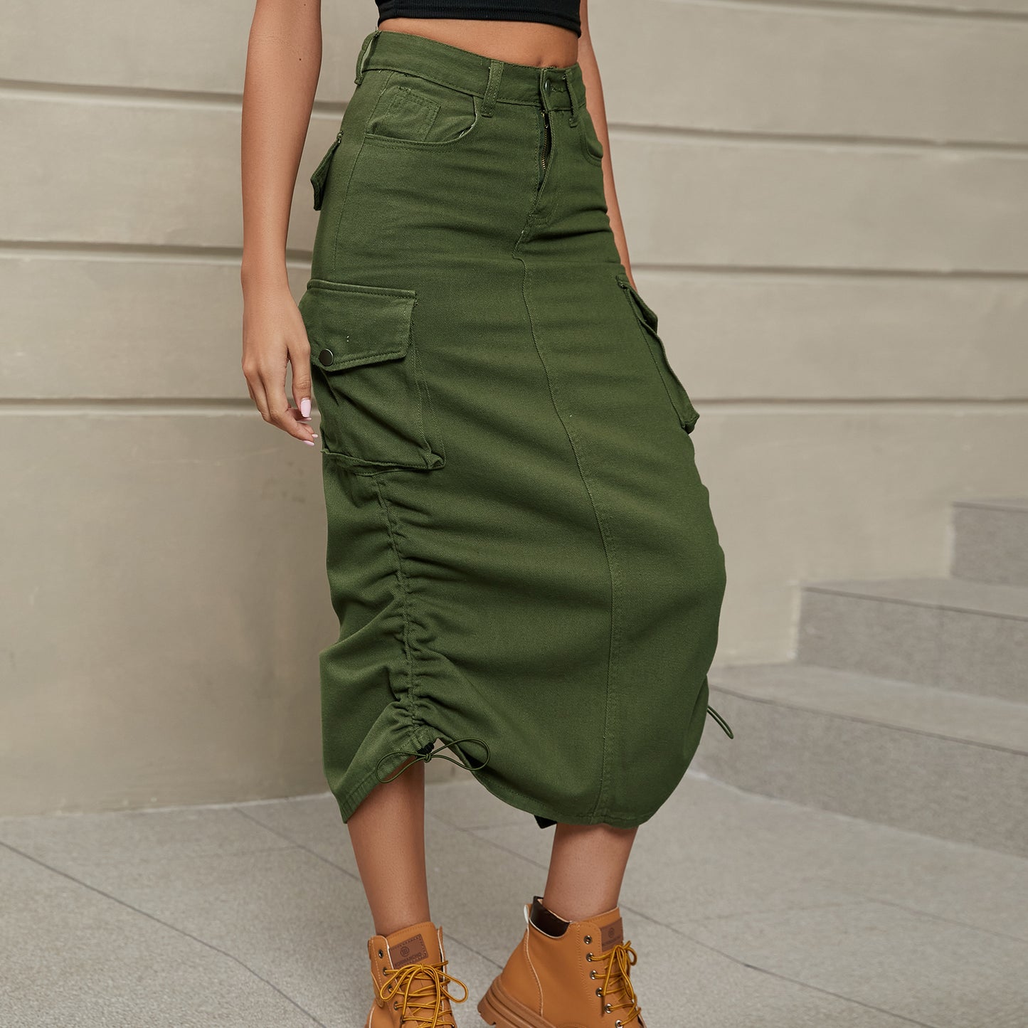 Drawstring Ruched Denim Midi Skirt by Manny