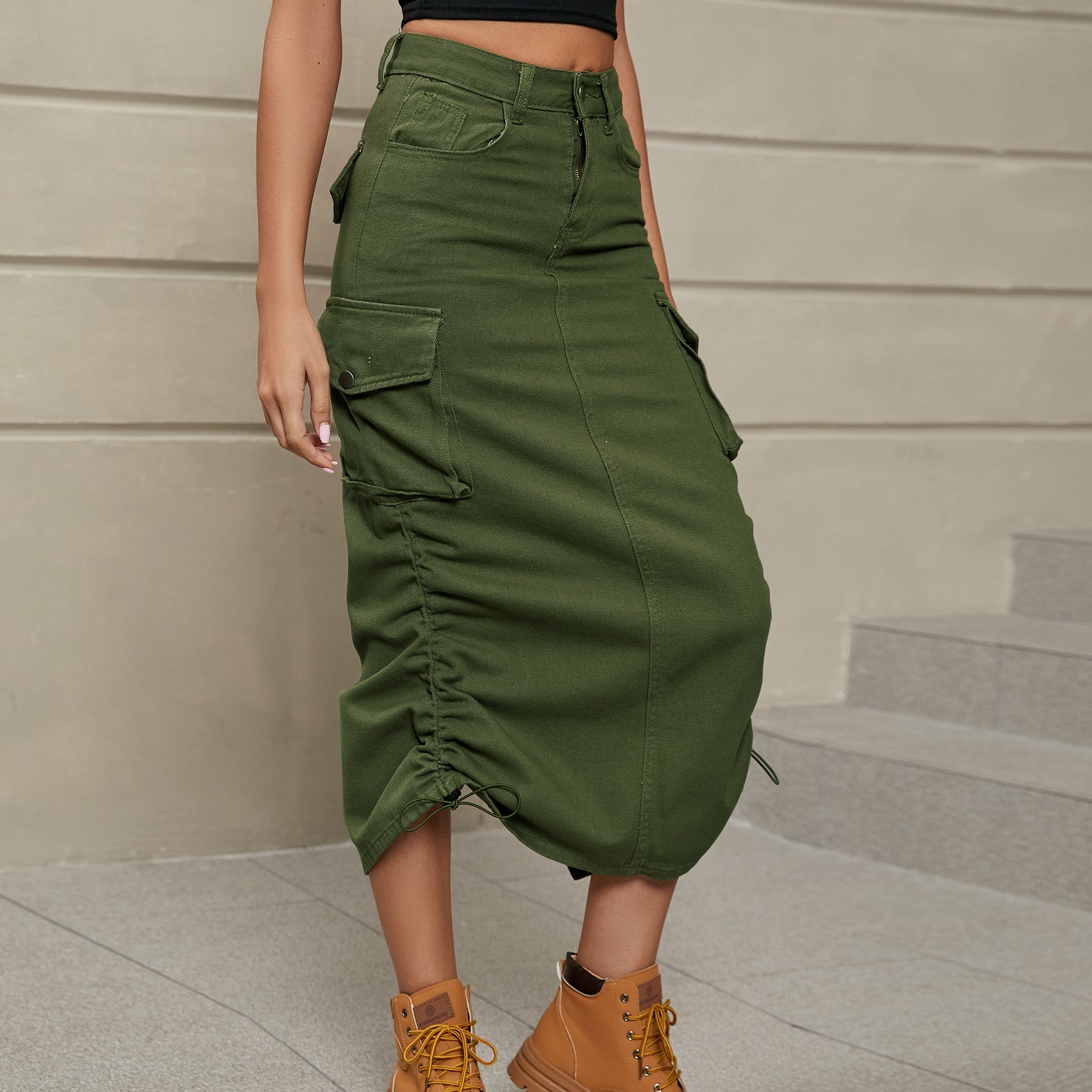Drawstring Ruched Denim Midi Skirt by Manny