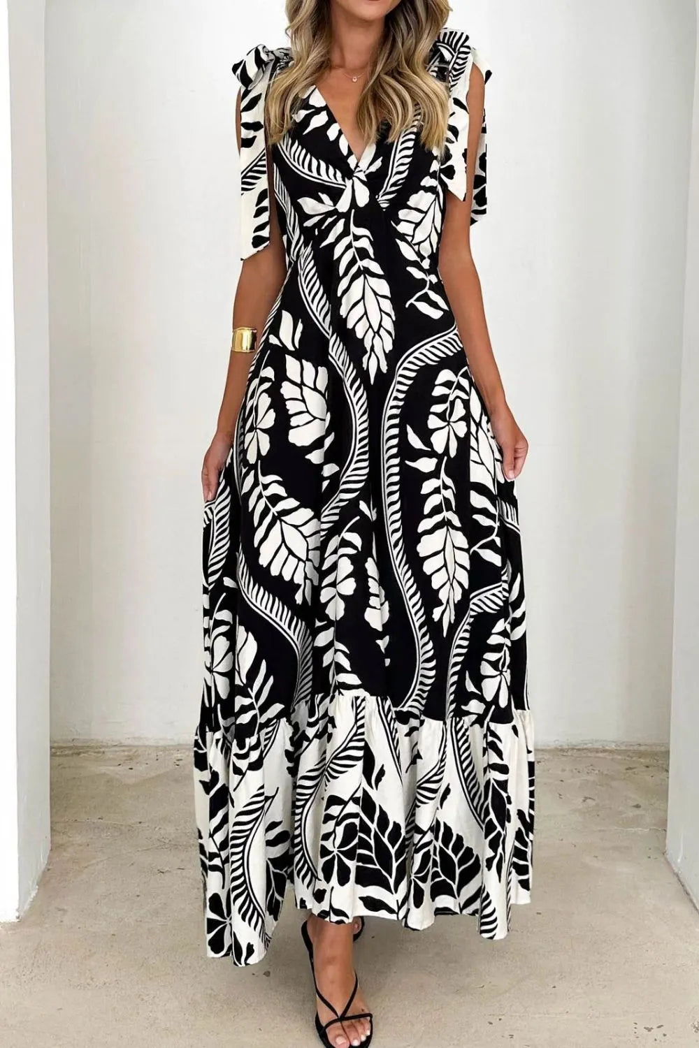Printed Tie-Shoulder Ruched V-Neck Midi Dress