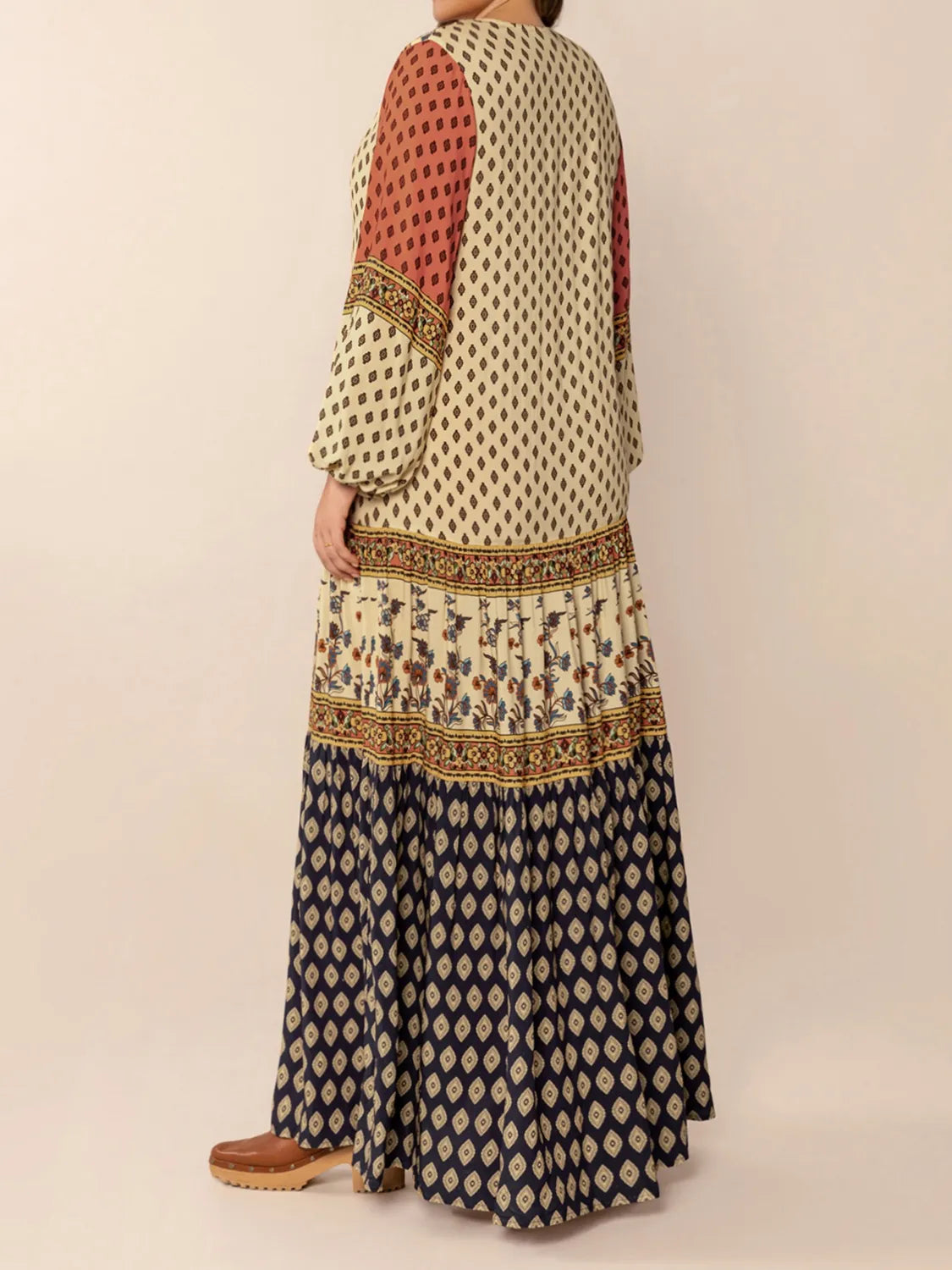 Printed V-Neck Balloon Sleeve Maxi Dress in Khaki