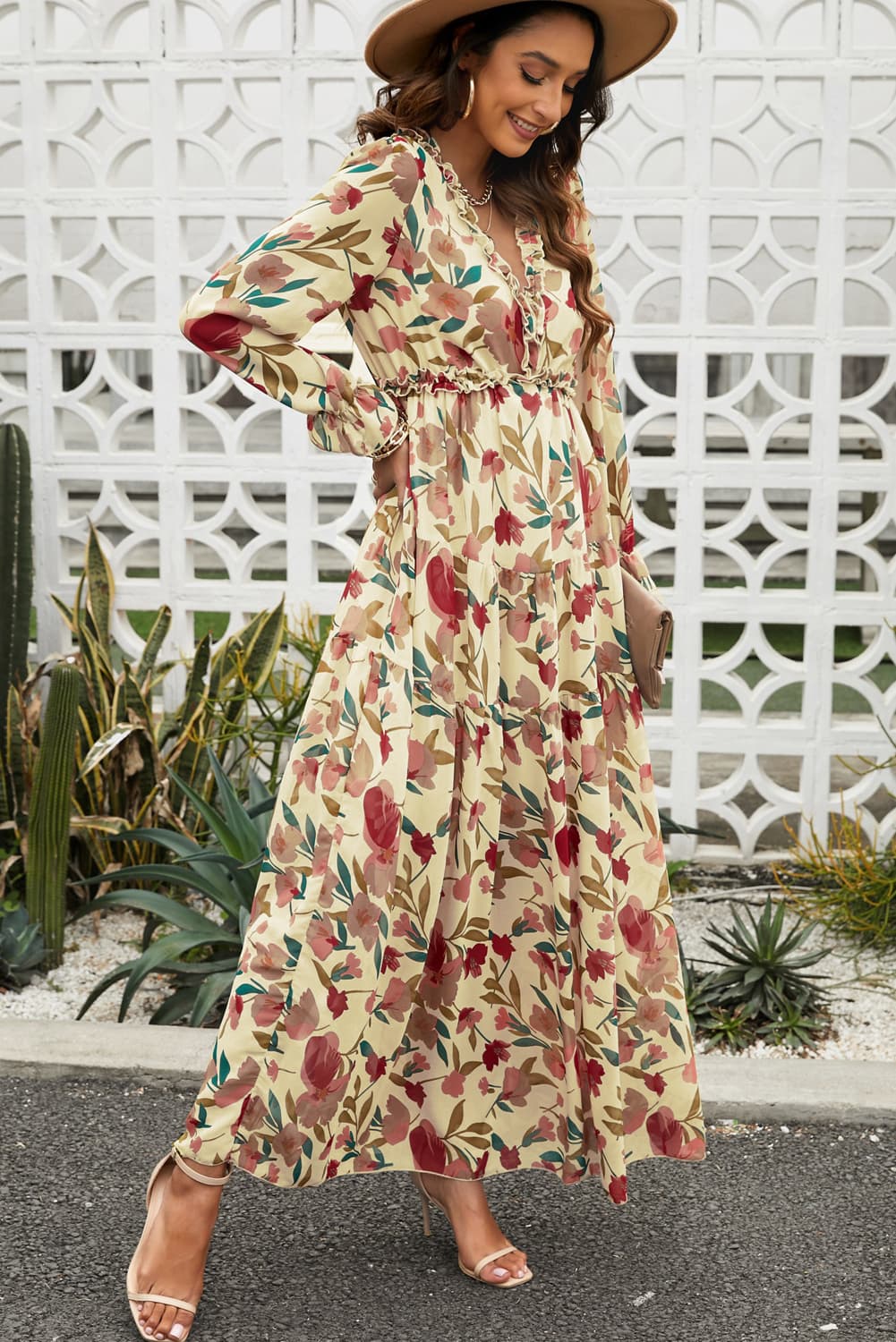 Floral Frill-Trim Plunge Maxi Dress
