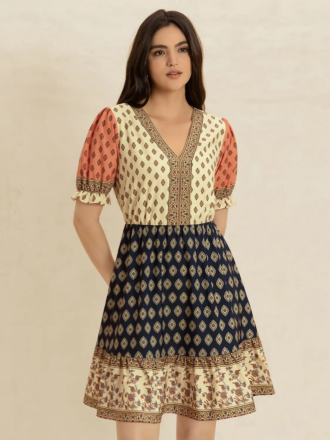 Printed V-Neck Ruched Dress in Tan