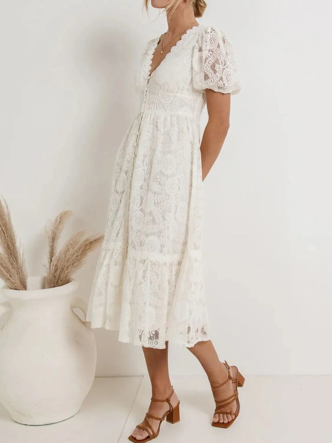 Lace V-Neck Short Sleeve Dress in Dusty Pink