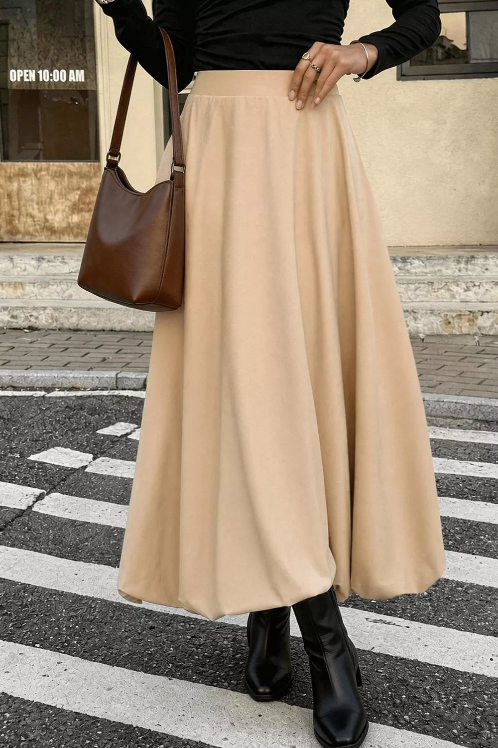 High-Waisted Ruched A-Line Midi Skirt in Tan