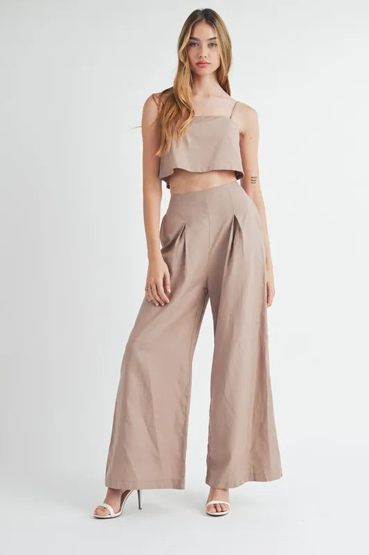 Linen Mix Crop Cami & Wide Leg Pants Set in Mocha